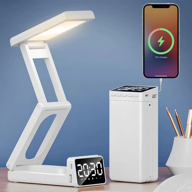 Lampe de bureau rechargeable sans fil avec réveil LED et power bank 10 000 mAh – مصباح مكتب ومصباح مع شاحن متنقل